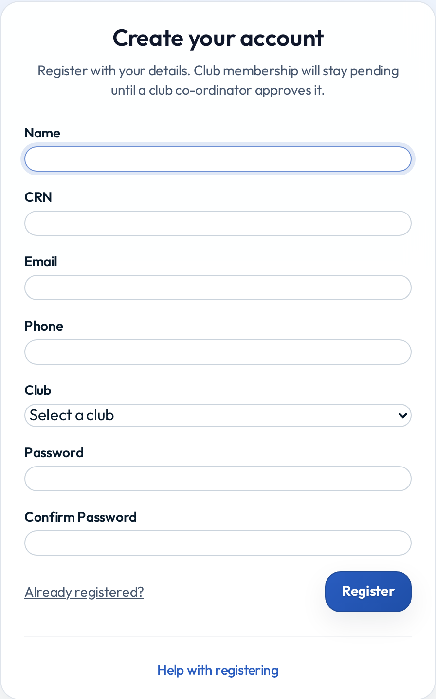 The registration form, showing the Name, CRN, Email, Phone and Club fields